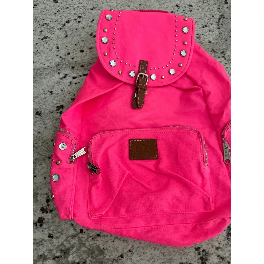 Victoria's Secret PINK Neon Hot Pink Studded Rhinestone Full Size Y2K Backpack
